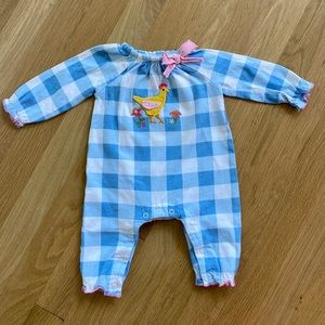 Mud pie blue gingham chicken crochet body suit size 0-3 months